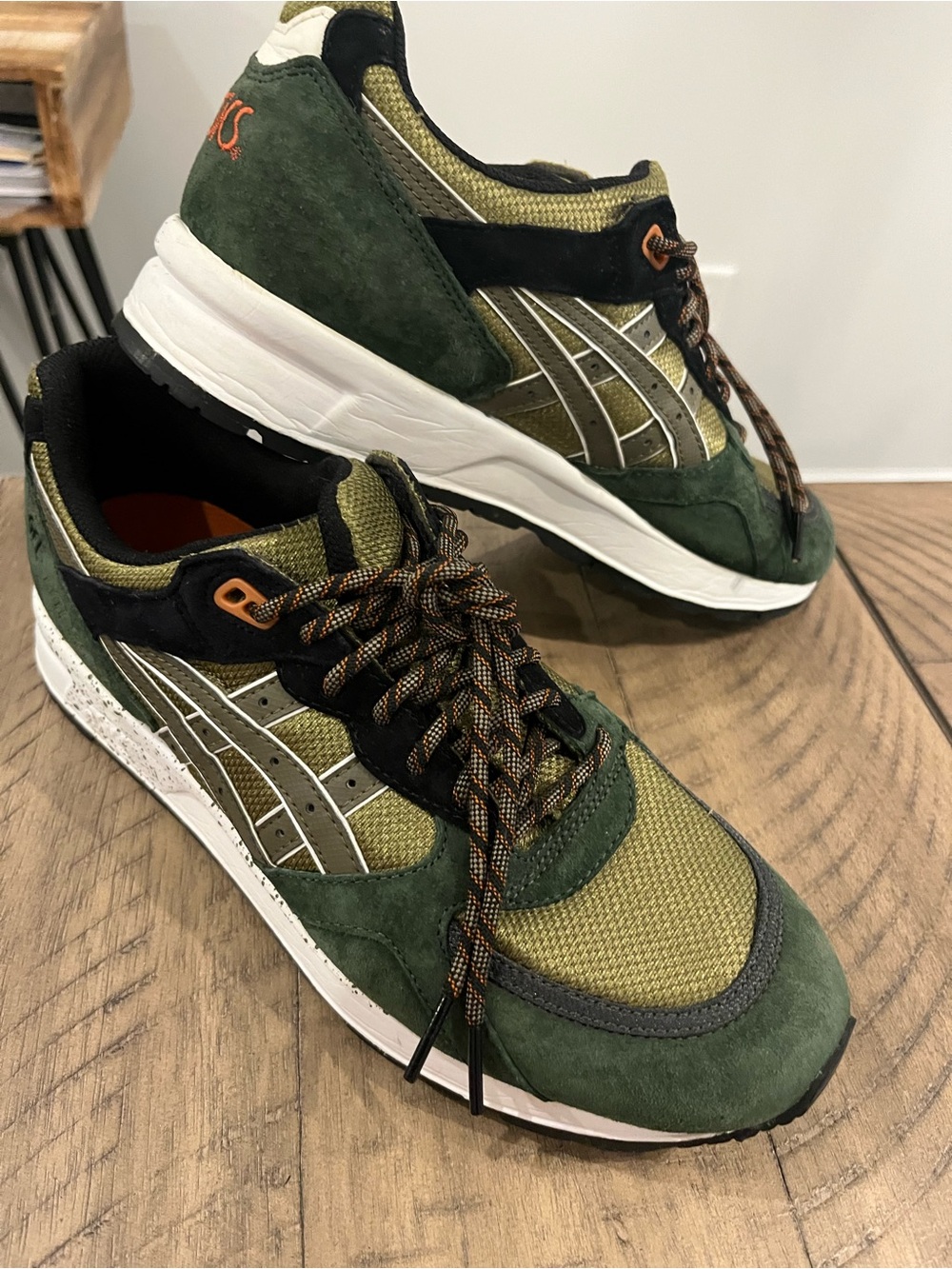 ASICS Olive Green Suede & Mesh Trainer with Orange Accents